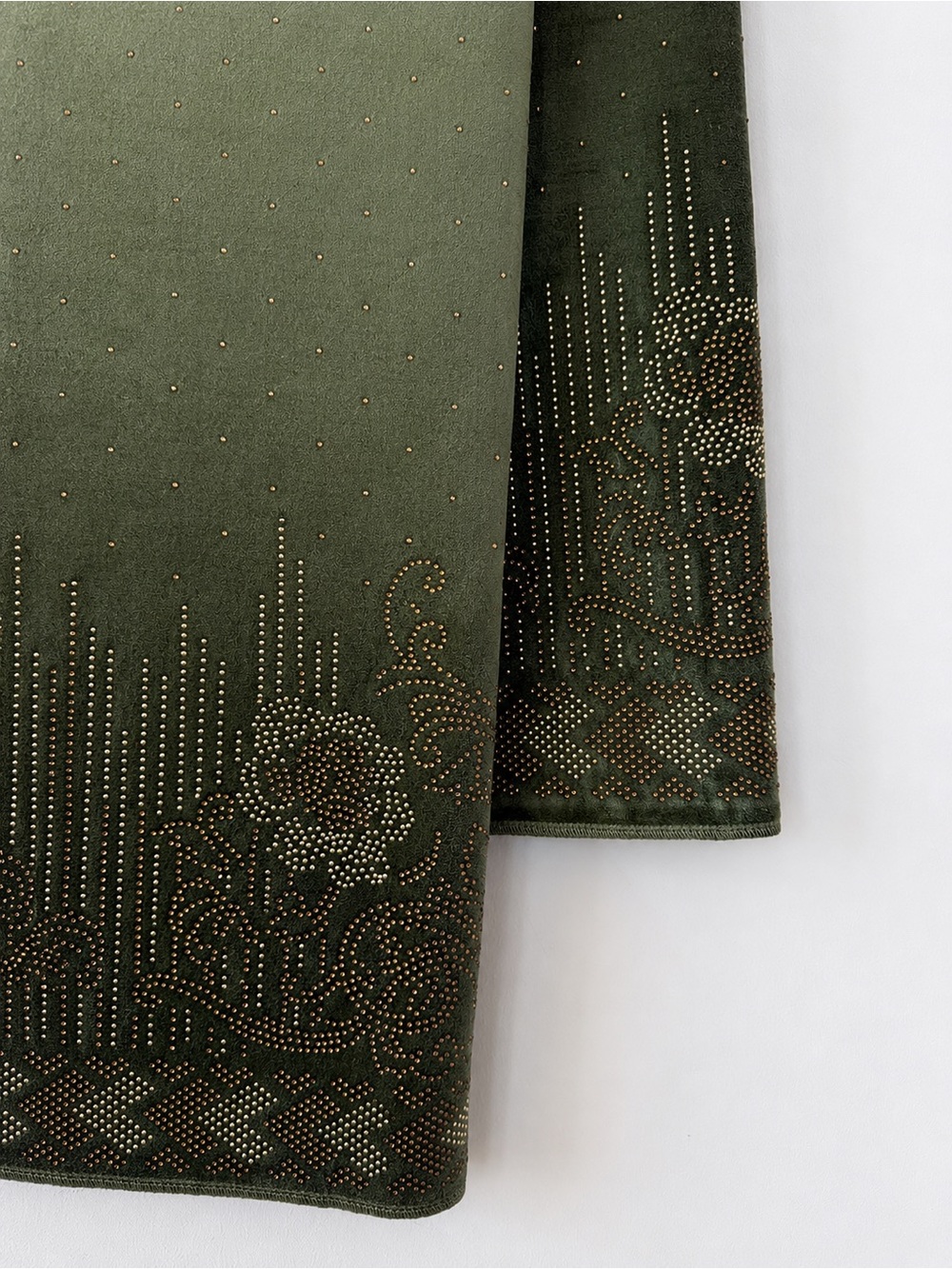 Olive Green Embellished Scarf with Beaded Floral Trim